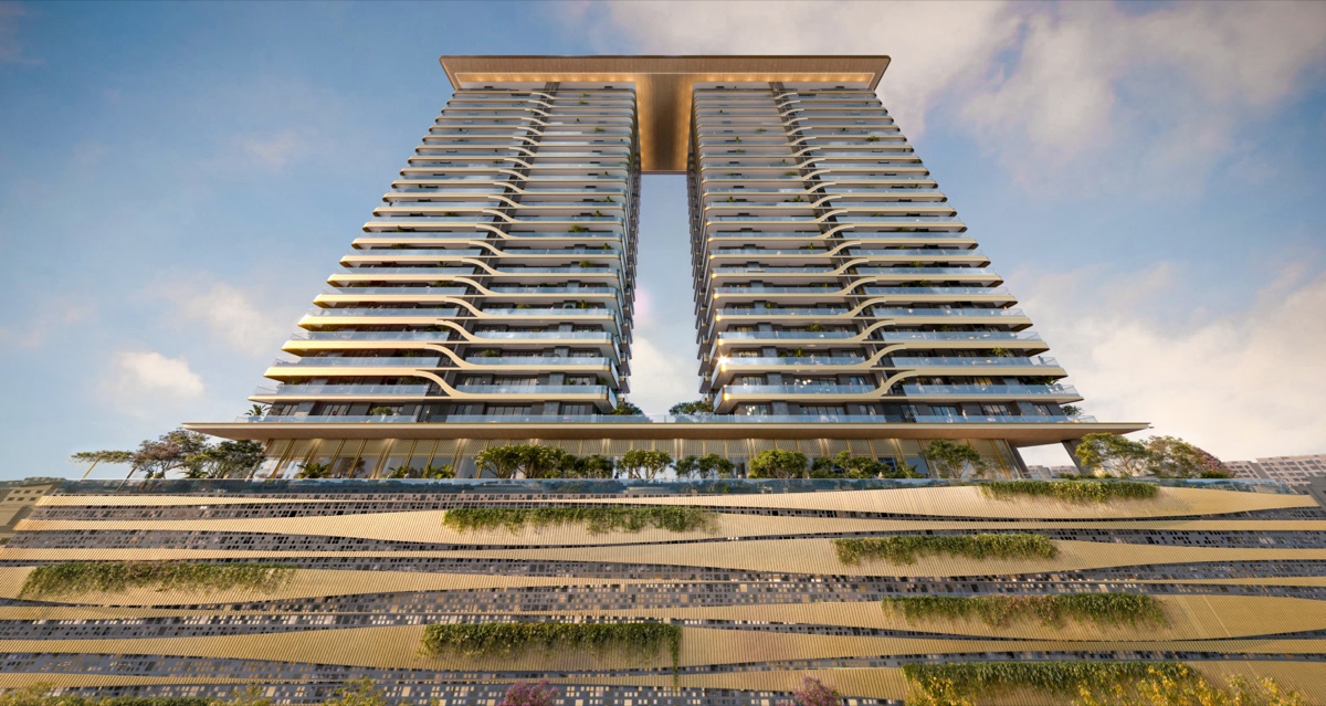 Towers above the wave-pattern podium facade, 1700 px