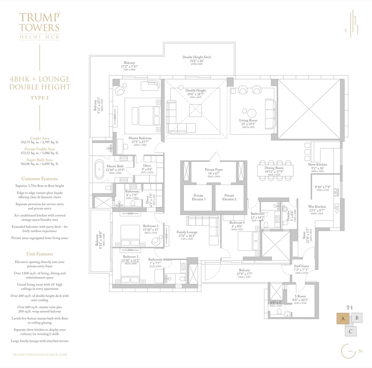 Trump Towers Delhi NCR 4 BHK + Lounge, double height, Type I