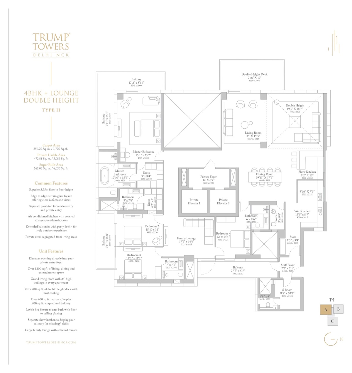 Trump Towers Delhi NCR 4 BHK + Lounge, double height, Type II