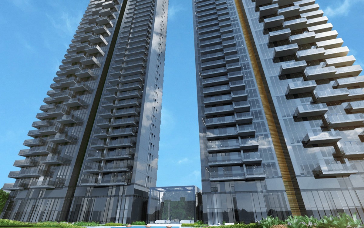 Towers and podium render from ground level