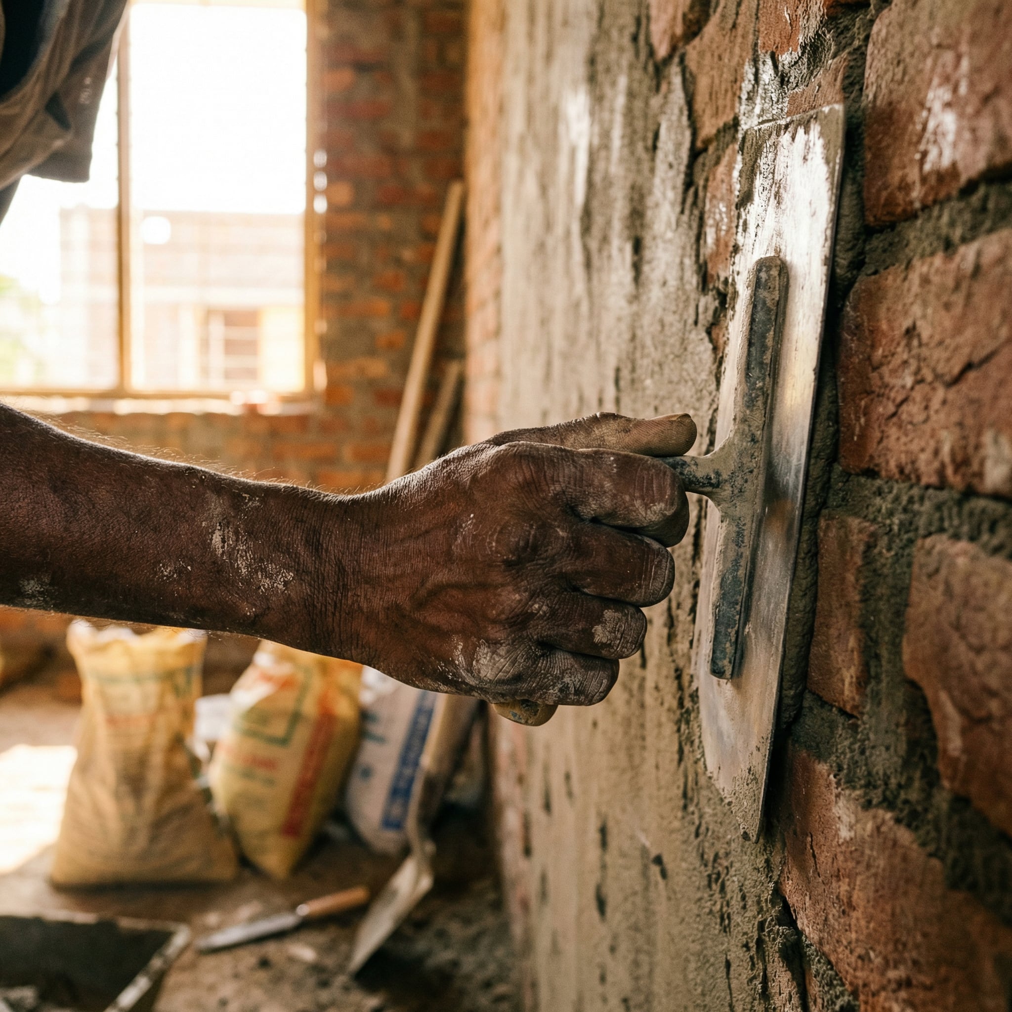 Close-up of a mason's hand smoothing plaster over a brick wall with a steel float, cement bags in the background.