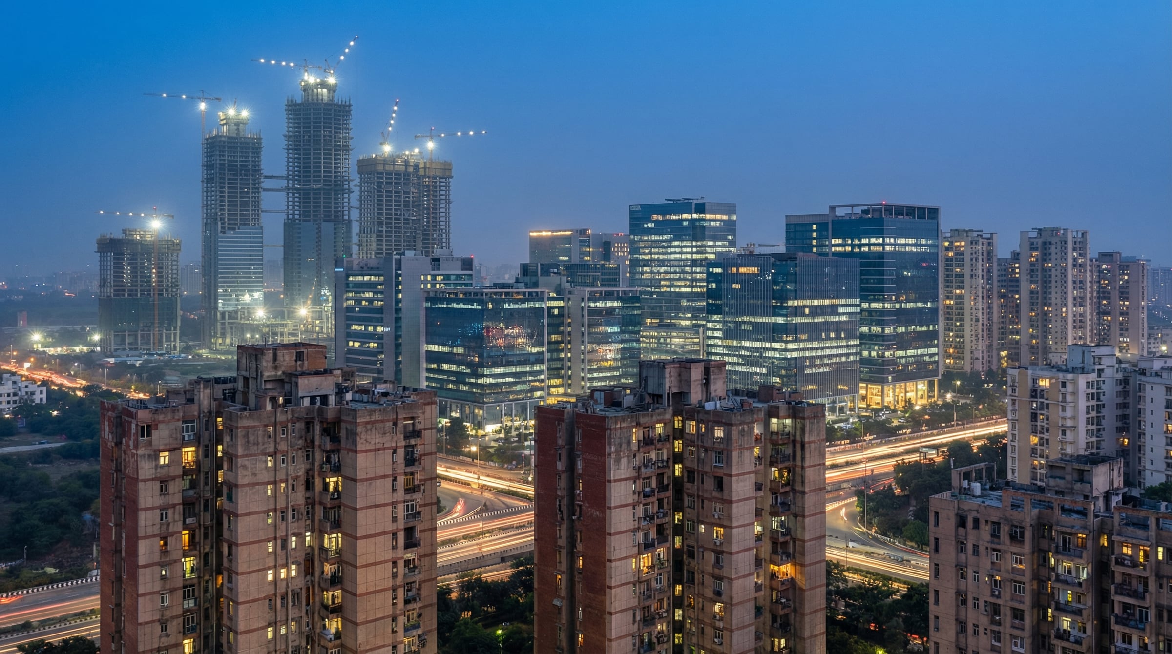 Gurgaon at dusk: older apartment blocks in the foreground, lit glass offices behind them and new towers rising under cranes, with traffic trails on the road below.